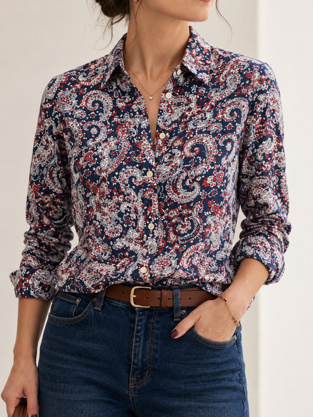 J.Crew Paisley Cotton Button Down Shirt Navy Red Preppy Classic Size L